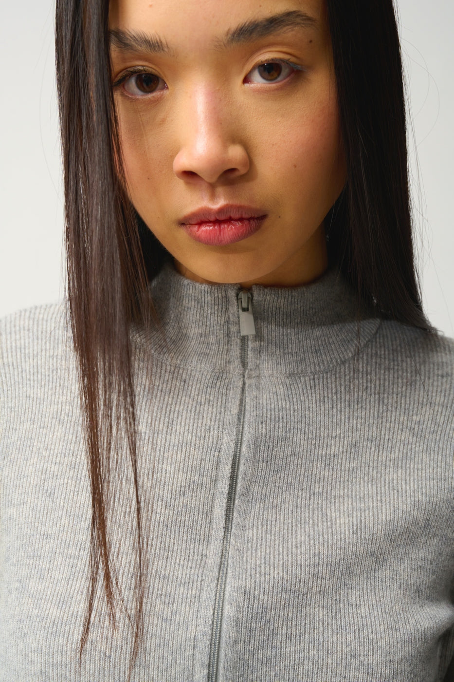 Zip-Up Stand Collar Cardigan - Alberte - Grey Marl