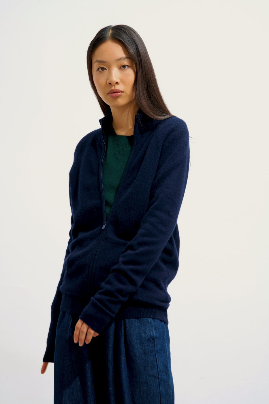Zip-Up Stand Collar Cardigan - Ayr - Navy