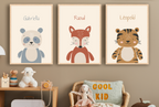 Affiches personnalisées - Animaux: portraits illustrés d’un panda, d’un renard et d’un tigre, name labels en haut.