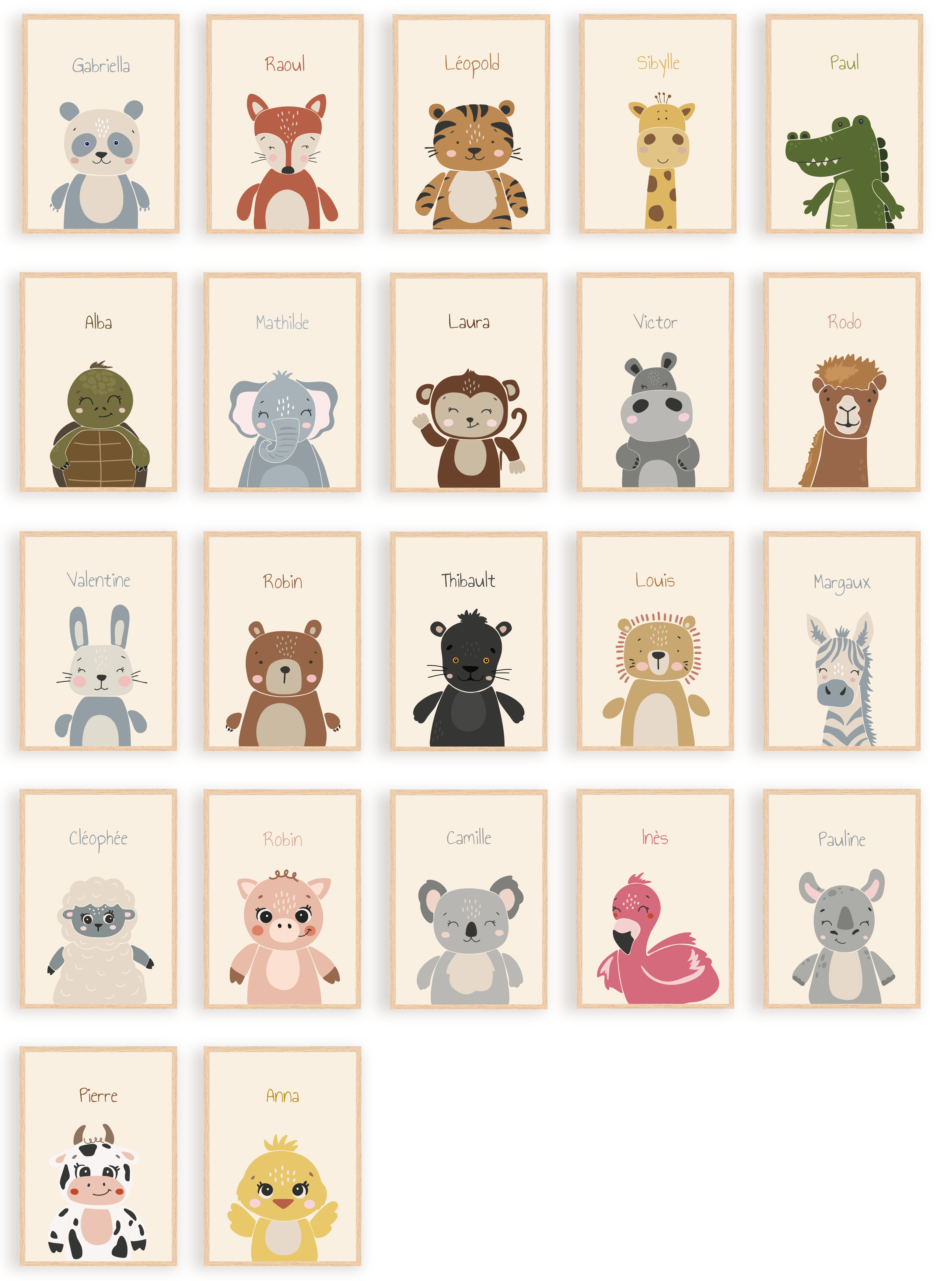 Affiches personnalisées - Animaux: portrait de dessin animé d’un animal sans cadre, nom de l’enfant en haut (ex: Gabriella, Raoul, Léopold, Sibylle, Paul)