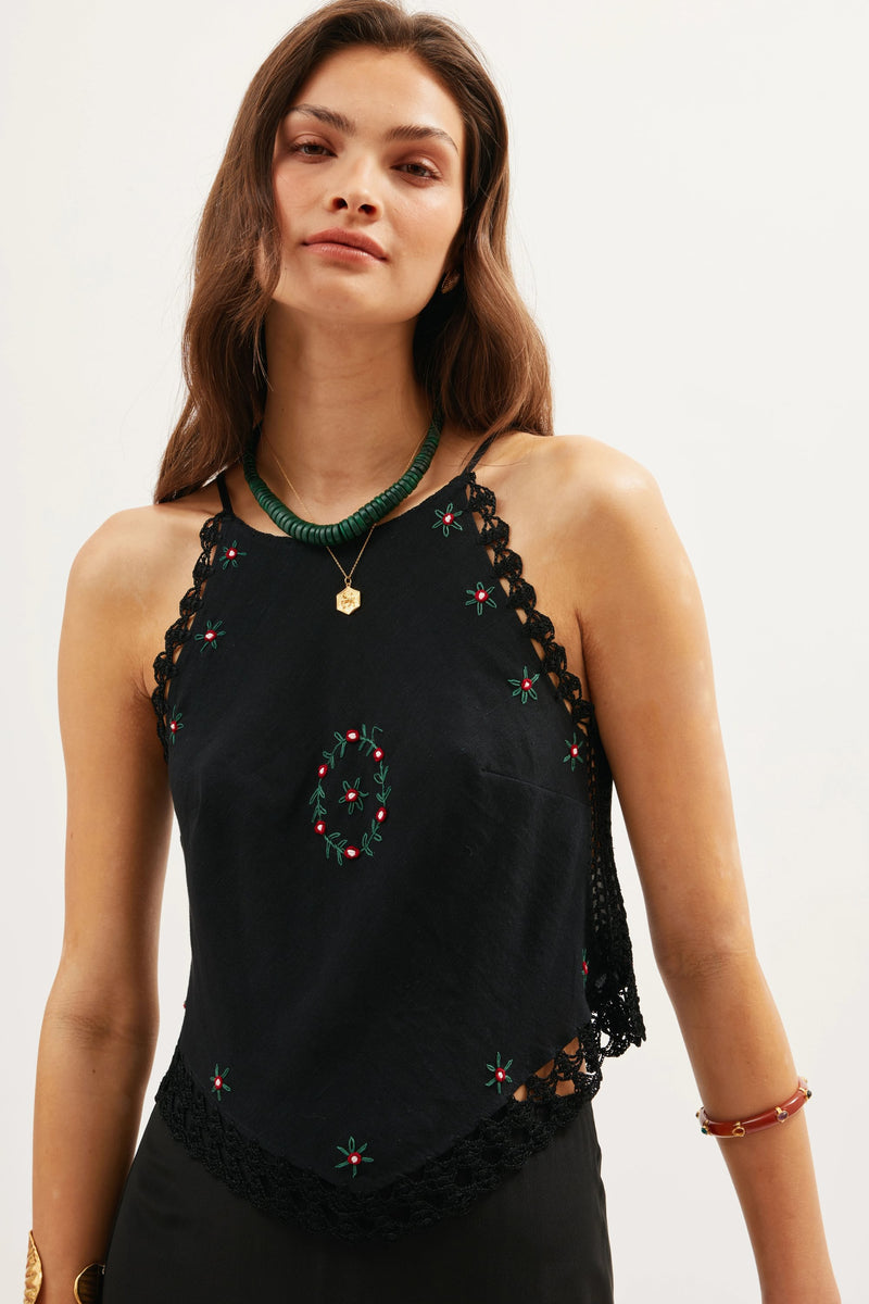 Top Ayanna Rose Trail Embroidery Black