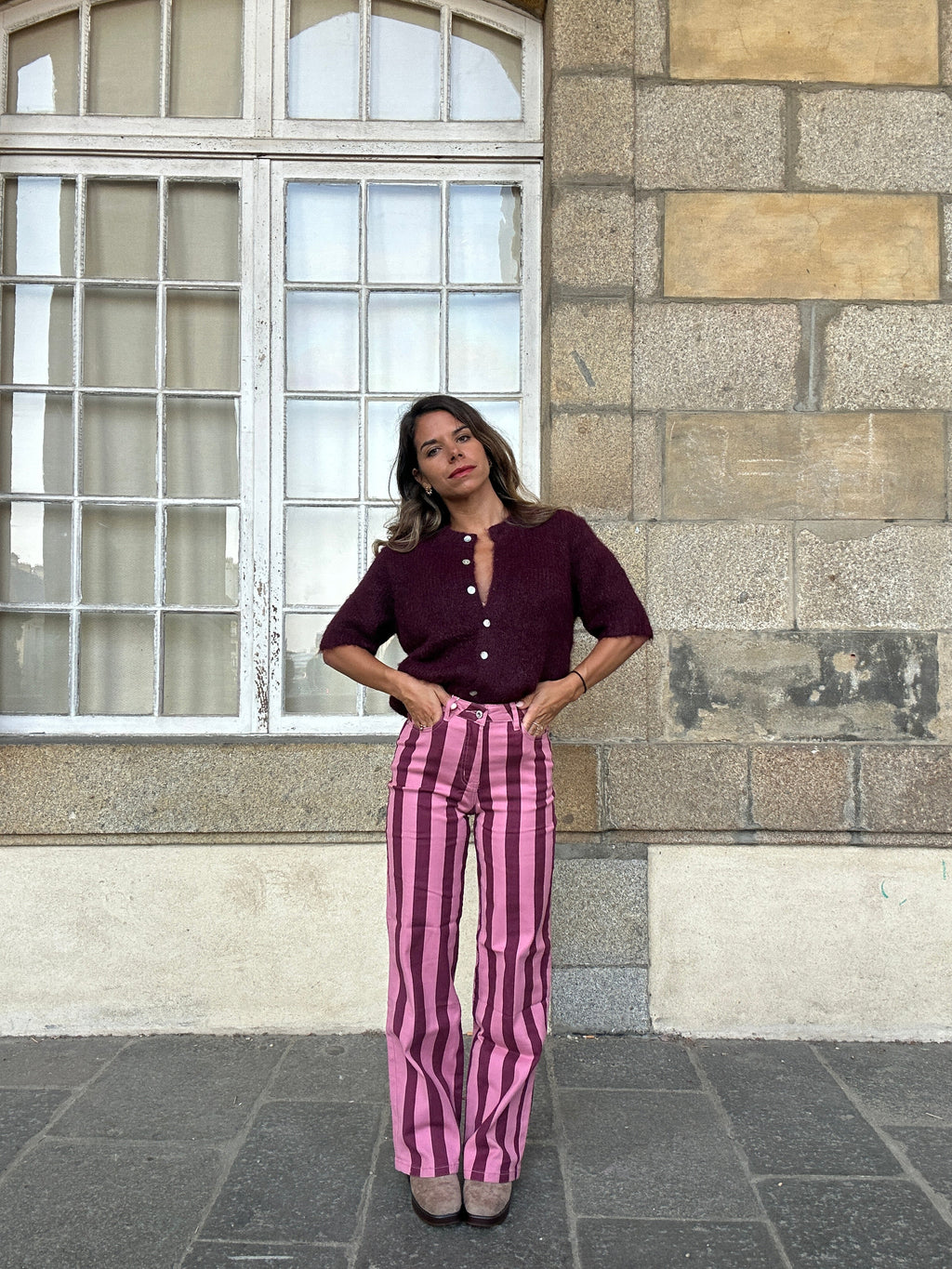 Isabeau pink and burgundy striped jeans