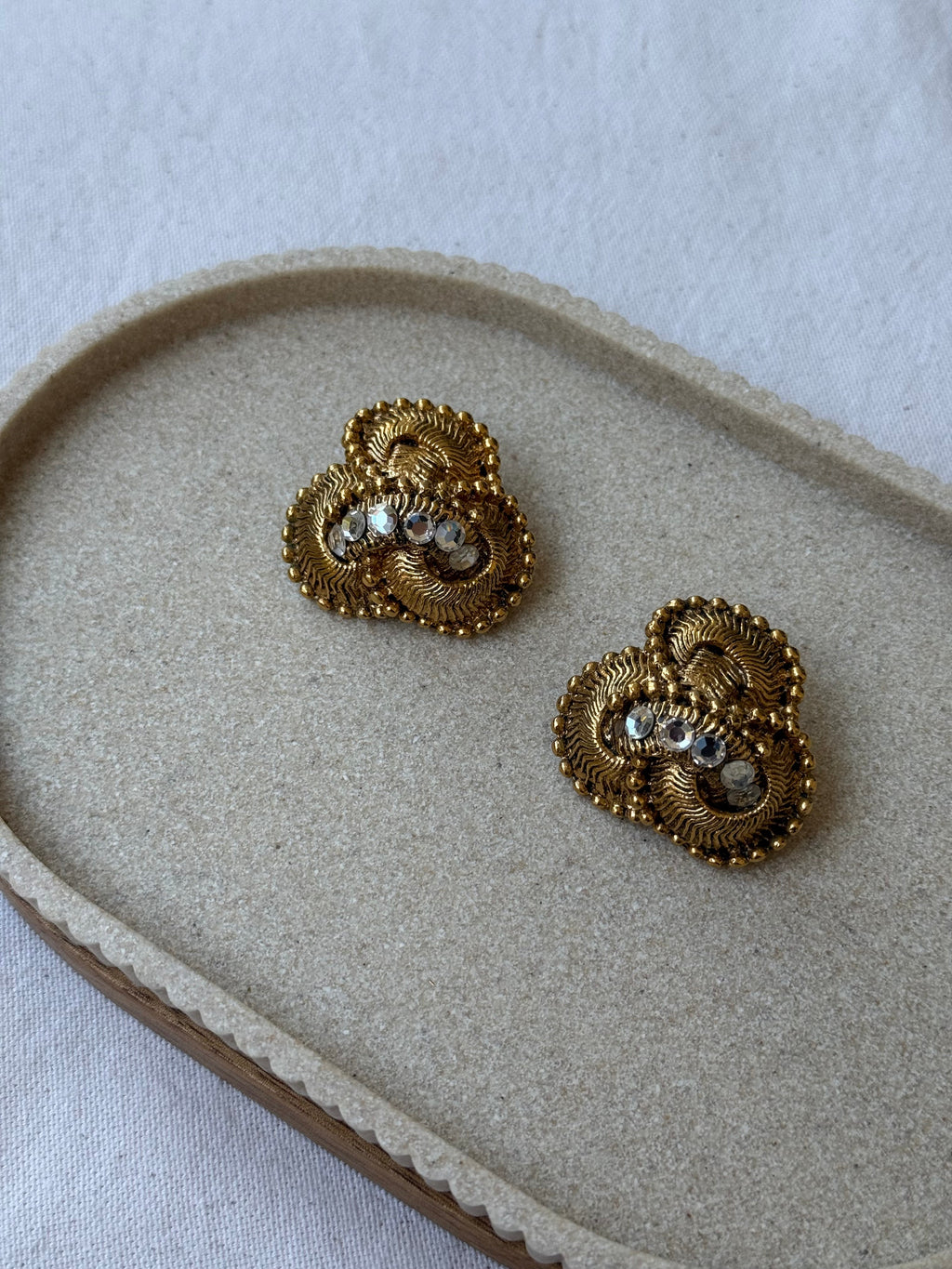 Vintage Earrings - Intertwined Gold-Tone Motif And Rhinestones