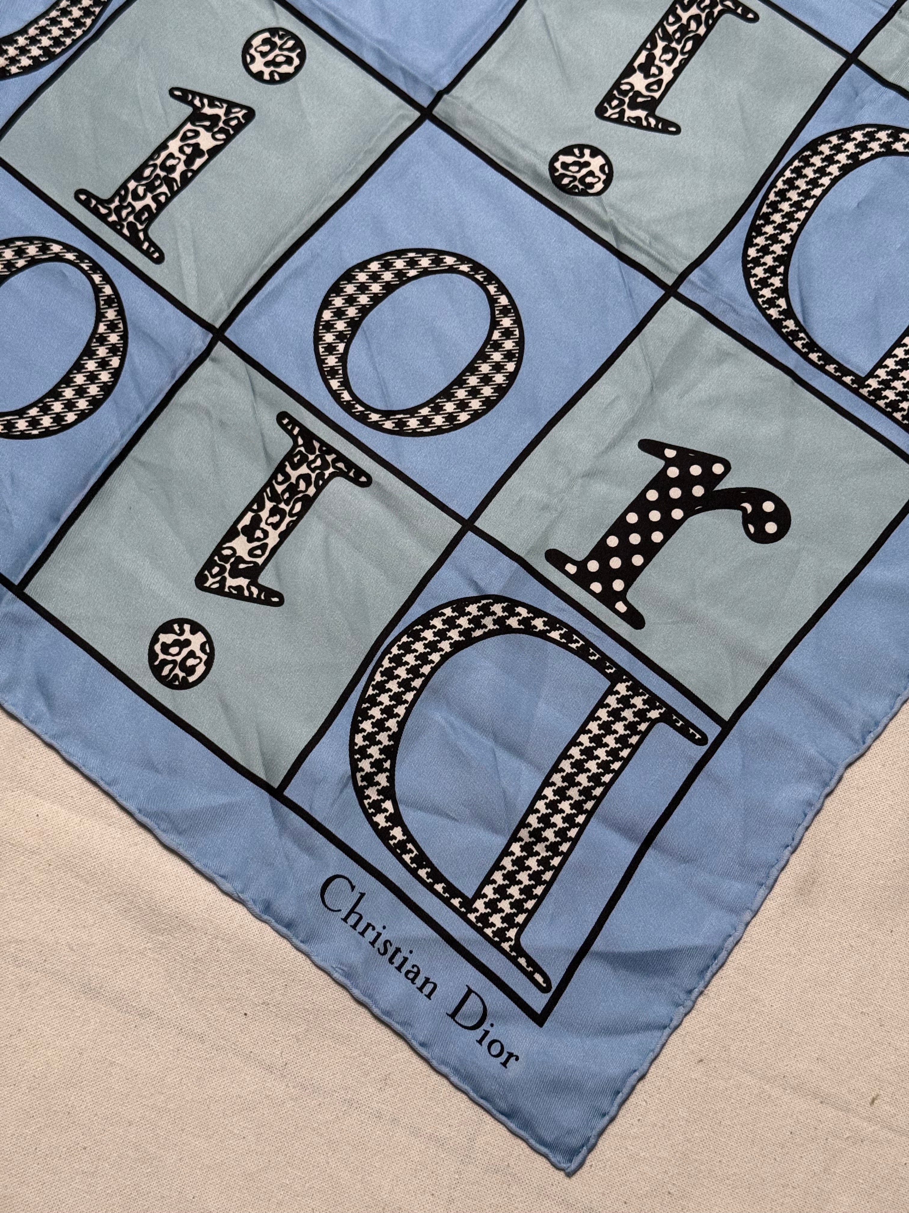 Christian Dior Scarf – Dior Inscriptions on Blue Background