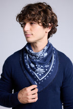 Scarf Flower Bandana Cashmere Bandana Flower - Navy Blue and Sky Blue - Unisex