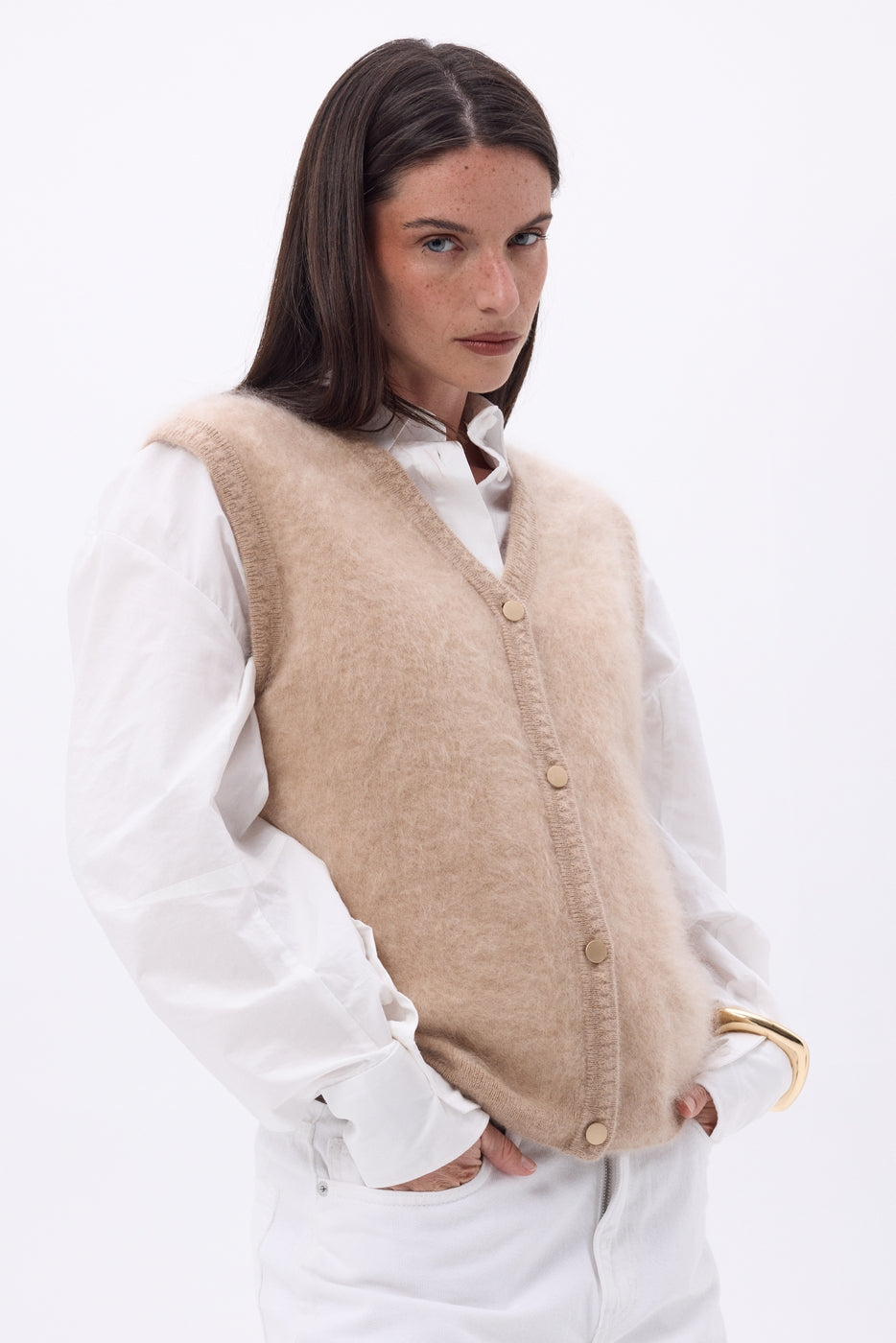 Gilet Sans Manches – Cachemire Brossé Bari - Beige - Femme - 100% Cachemire Brosse