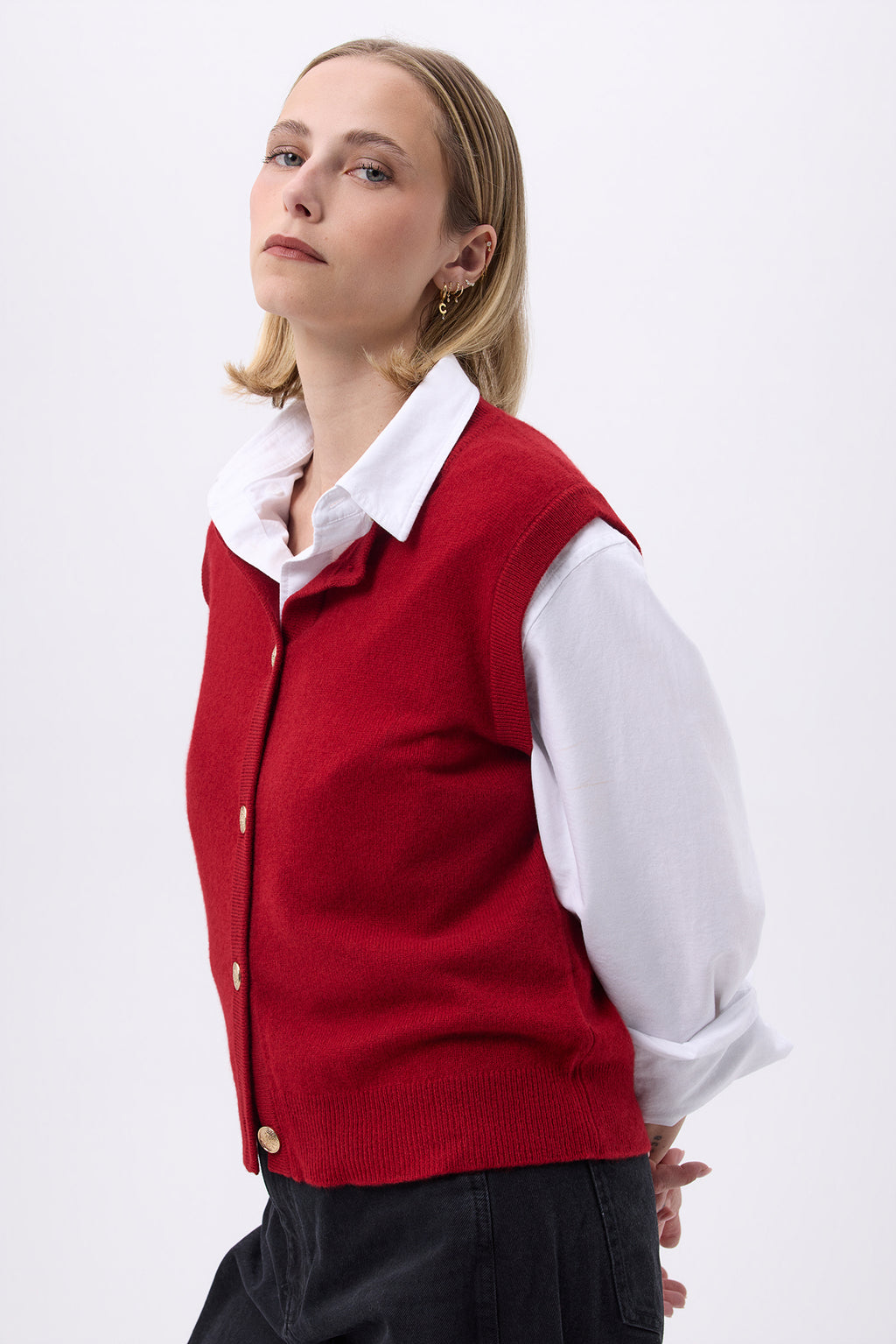 Gilet Girocollo Oversize Bottoni Dorati Senza Maniche F Bari - Rosso Bordeaux - Donna