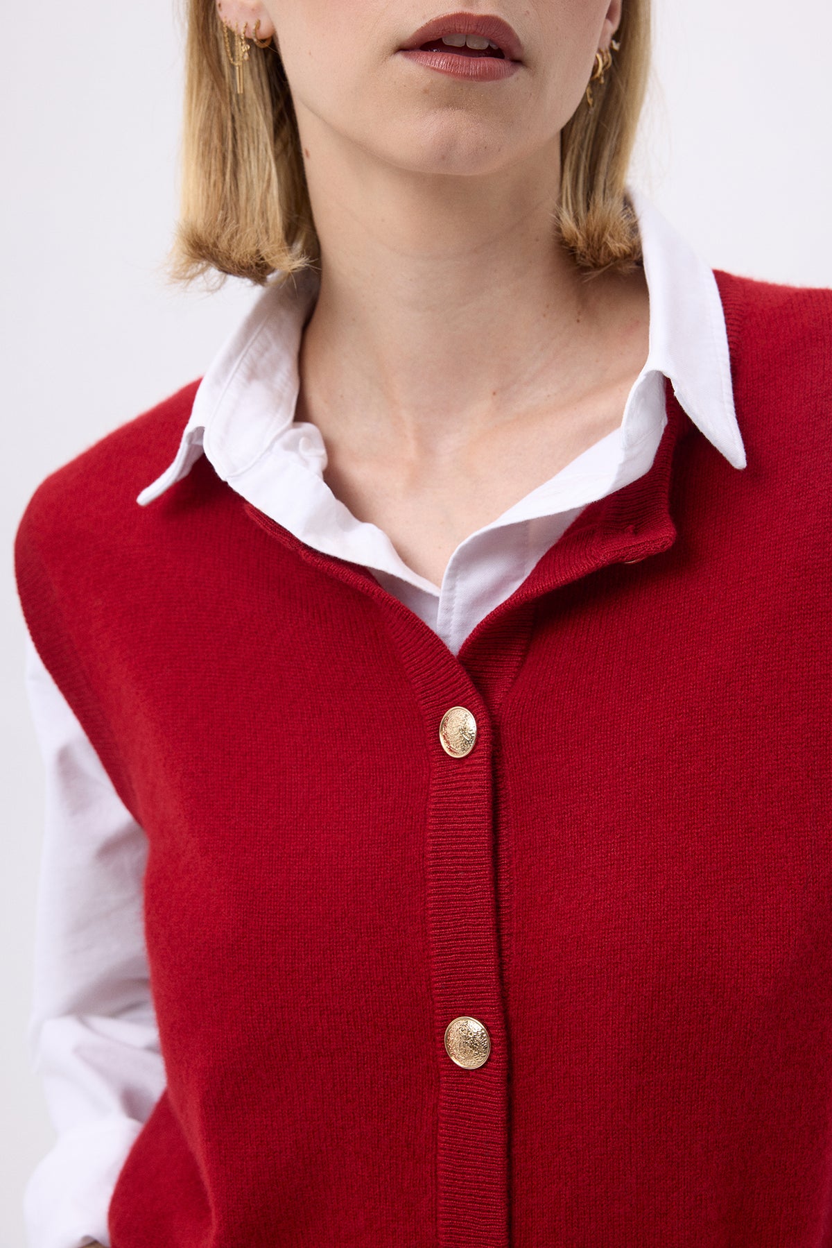 Gilet Girocollo Oversize Bottoni Dorati Senza Maniche F Bari - Rosso Bordeaux - Donna