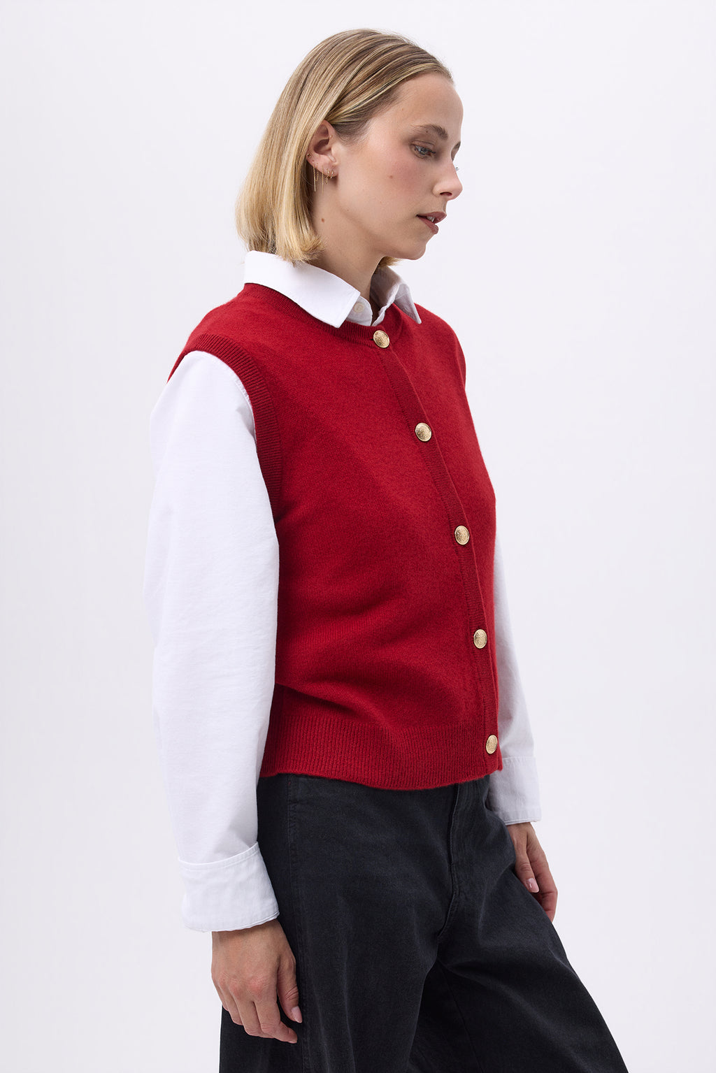 Gilet Girocollo Oversize Bottoni Dorati Senza Maniche F Bari - Rosso Bordeaux - Donna
