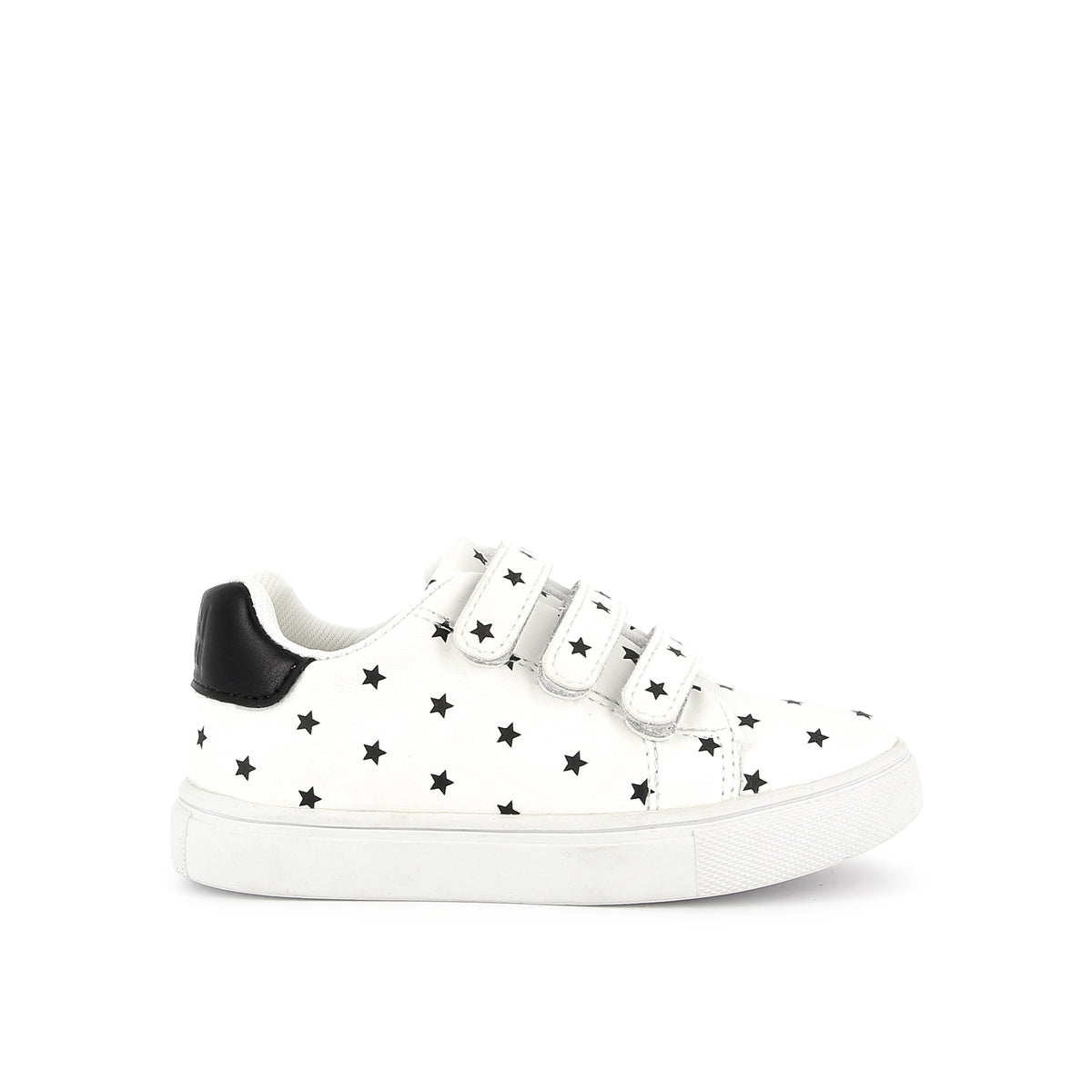 Pom d'Api – Bonton - Basil Scratch - Blanc Cassé/Noir, hvid sko med velcrolukninger og sorte stjernemotiver, set fra siden