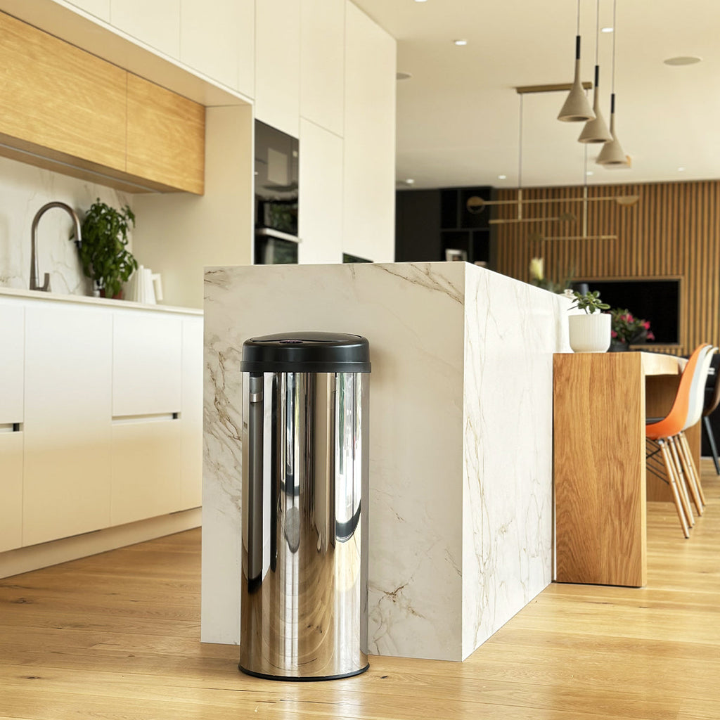Automatic kitchen trash can 50L ARTIC SILVER large capacity in shiny stainless steel with strapping