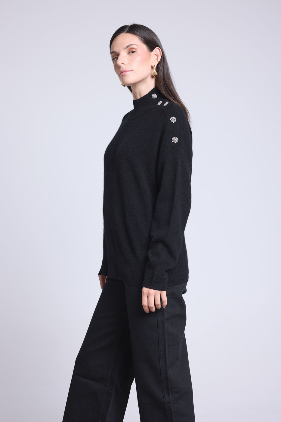 Pull Col Montant A Bijoux Baya - Noir - Femme - 100% Cachemire
