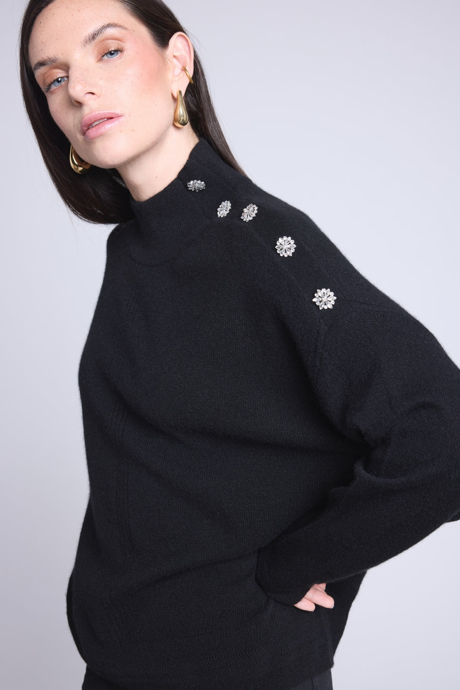 Pull Col Montant A Bijoux Baya - Noir - Femme - 100% Cachemire