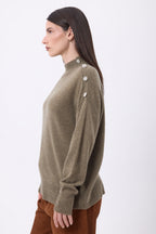 Maglione Collo Alto Con Bottoni Gioiello Baya - Khaki Chiné-Bottoni Argento - Donna - 100% Cashmere