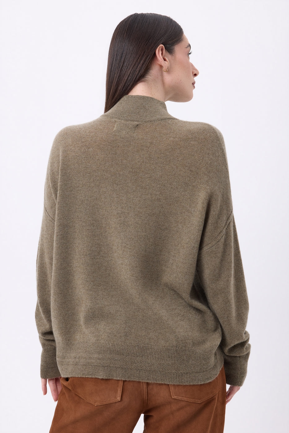 Maglione Collo Alto Con Bottoni Gioiello Baya - Khaki Chiné-Bottoni Argento - Donna - 100% Cashmere