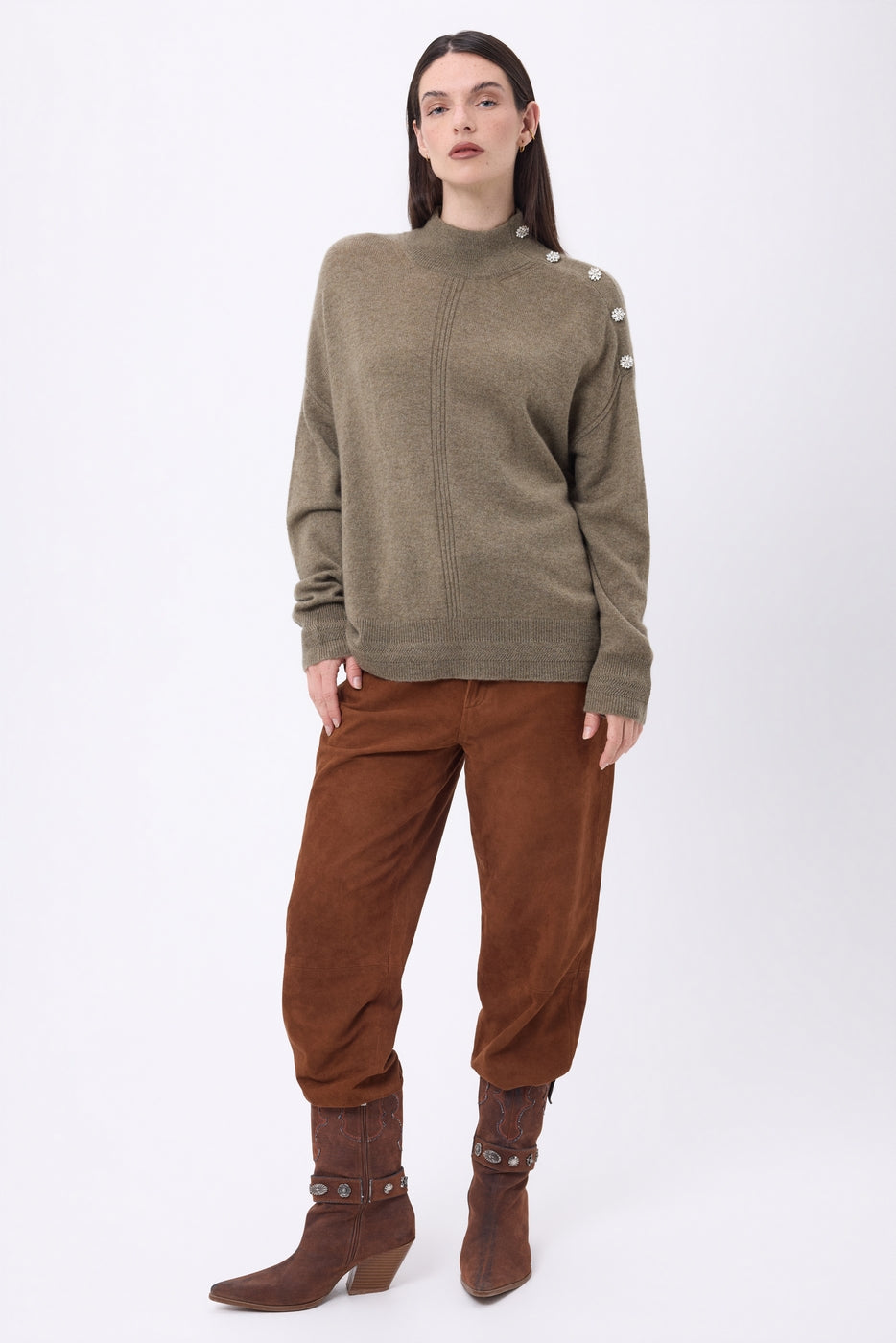 Maglione Collo Alto Con Bottoni Gioiello Baya - Khaki Chiné-Bottoni Argento - Donna - 100% Cashmere