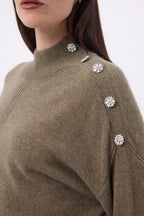 Maglione Collo Alto Con Bottoni Gioiello Baya - Khaki Chiné-Bottoni Argento - Donna - 100% Cashmere