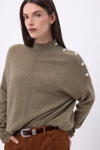 Maglione Collo Alto Con Bottoni Gioiello Baya - Khaki Chiné-Bottoni Argento - Donna - 100% Cashmere