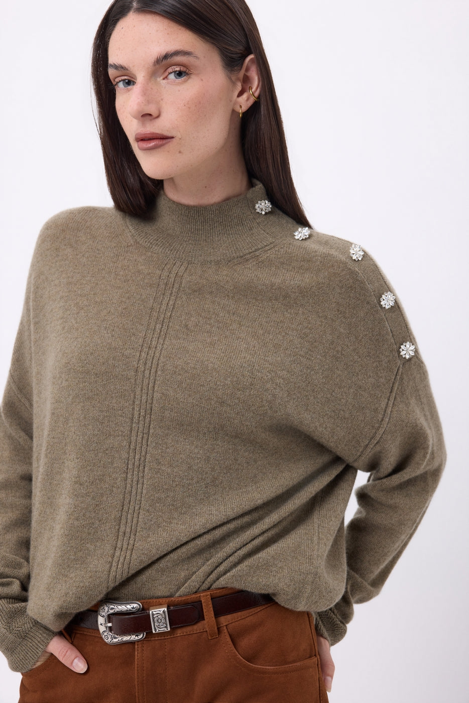 Maglione Collo Alto Con Bottoni Gioiello Baya - Khaki Chiné-Bottoni Argento - Donna - 100% Cashmere