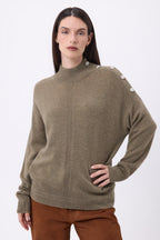 Maglione Collo Alto Con Bottoni Gioiello Baya - Khaki Chiné-Bottoni Argento - Donna - 100% Cashmere