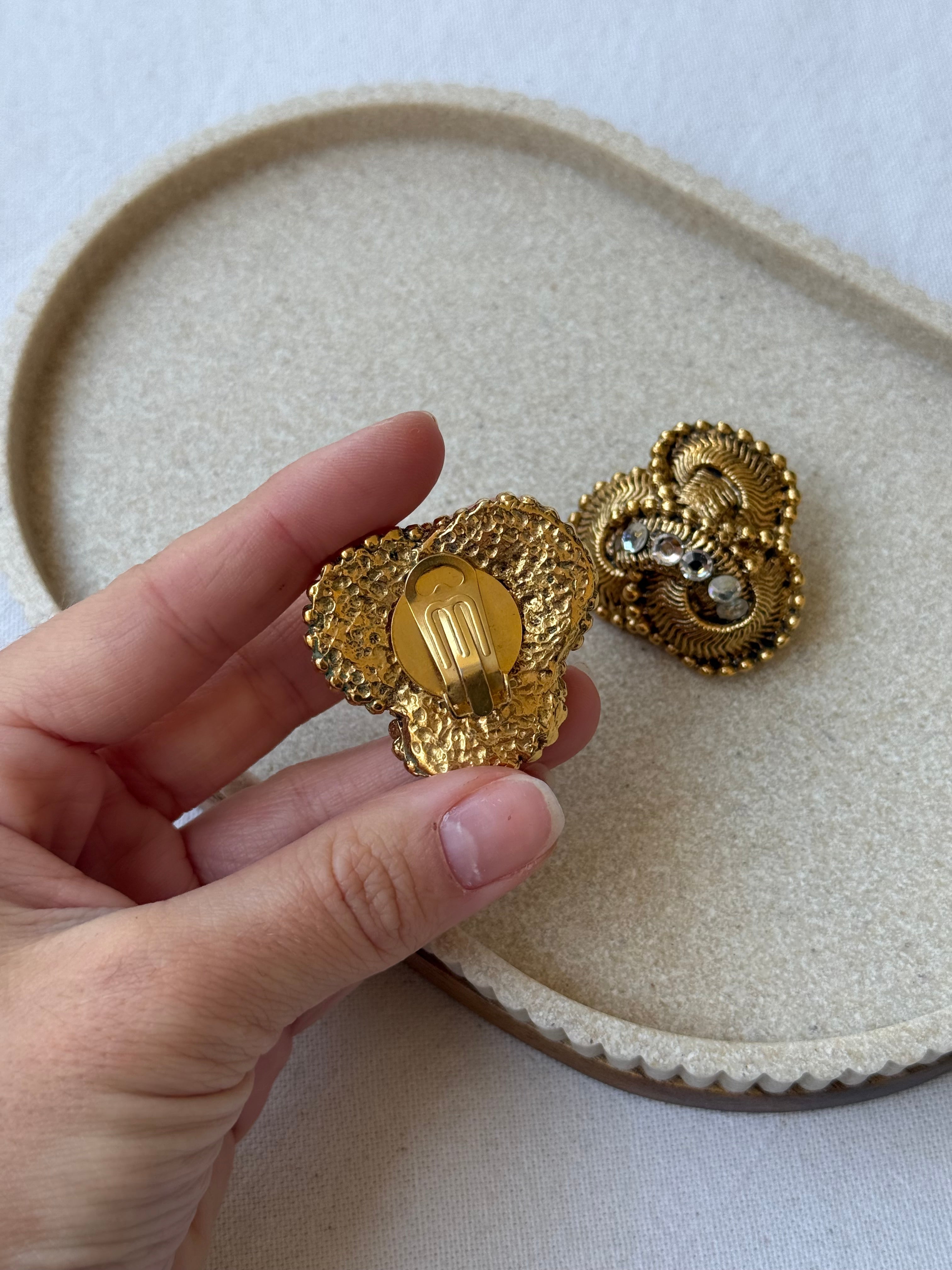 Vintage Earrings - Intertwined Gold-Tone Motif And Rhinestones