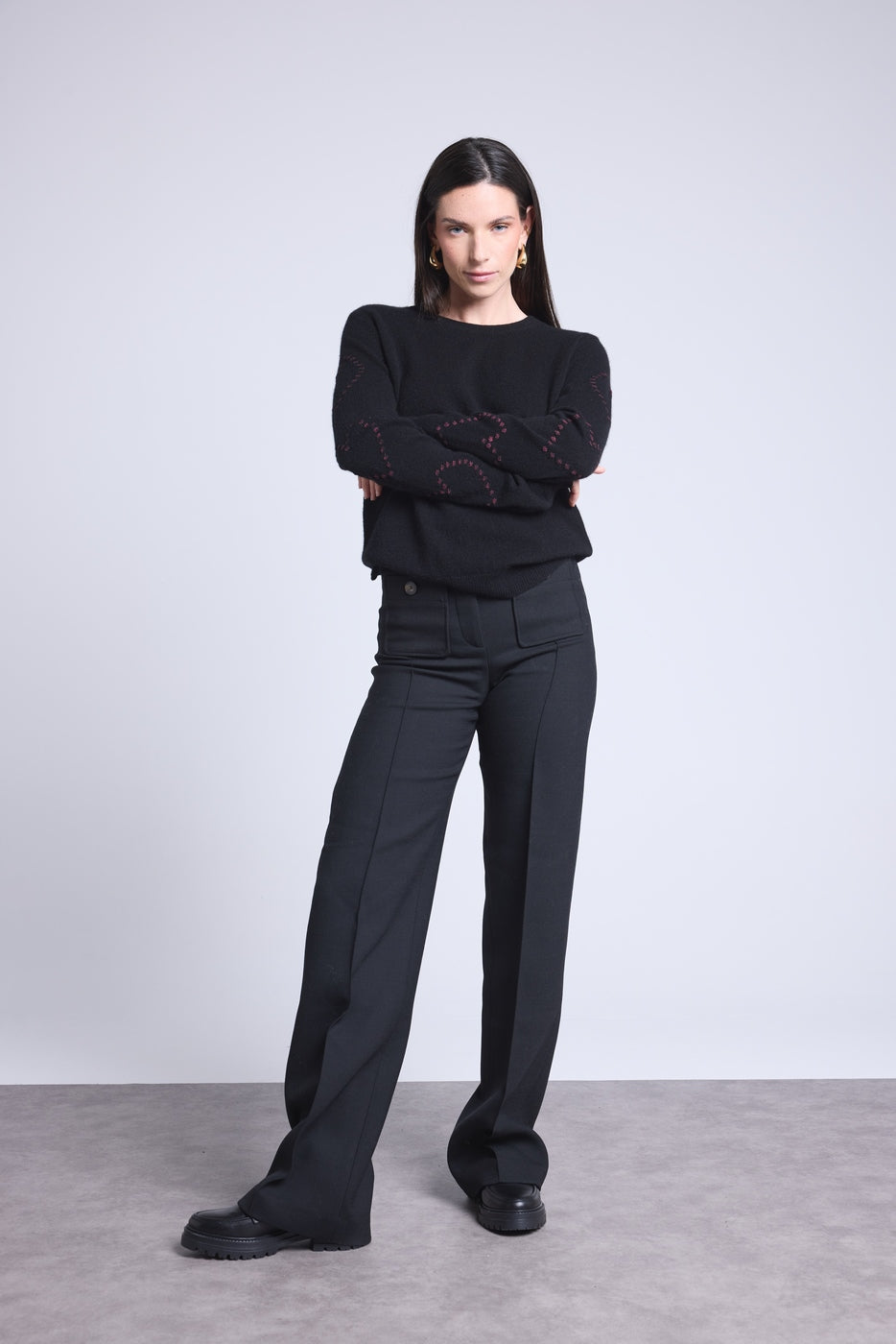 Sweter z Okrągłym Dekoltem w Serduszka Bubbles Kaszmir Bea - Czarny Różowy Lurex - Damski - 100% Kaszmir