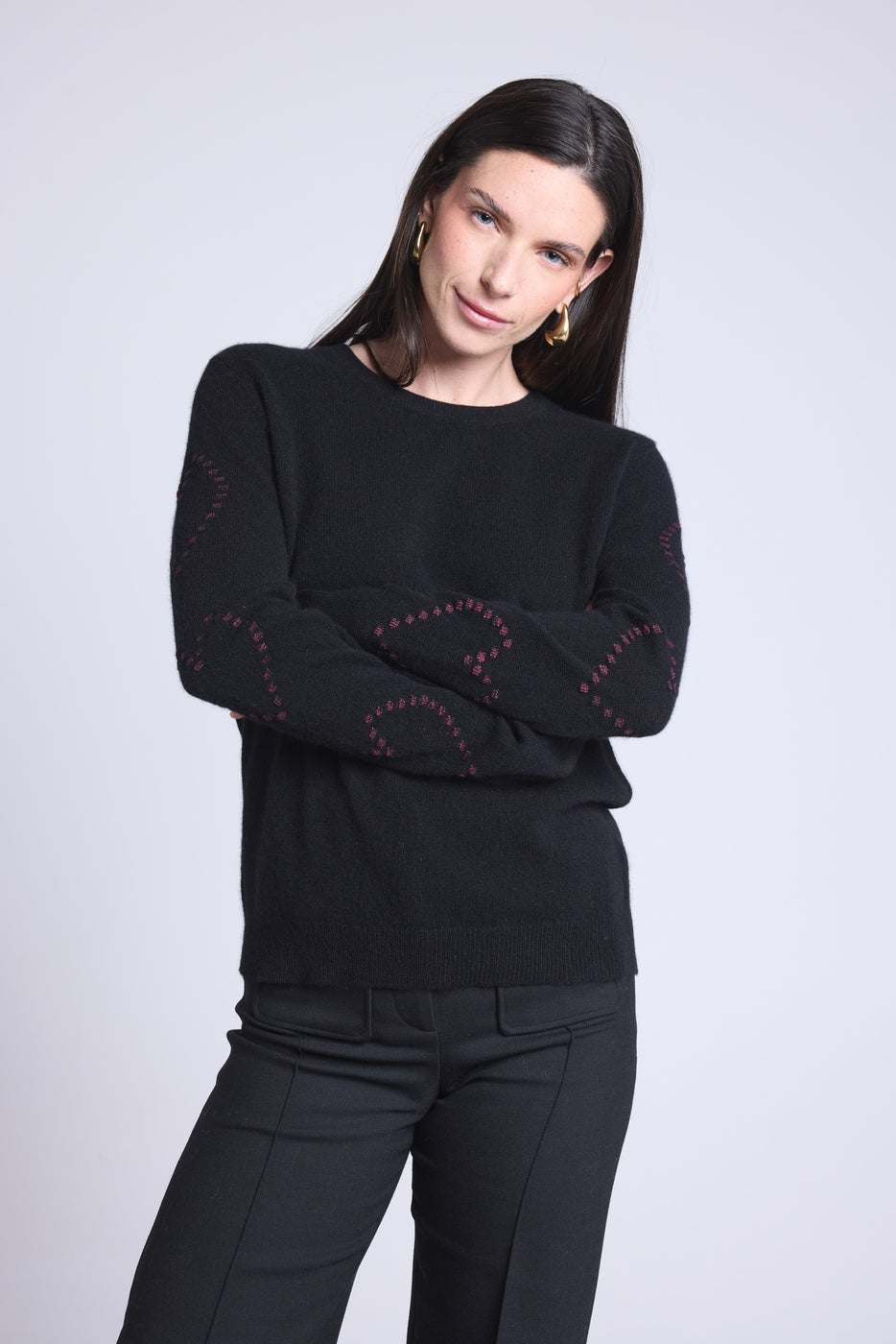 Sweter z Okrągłym Dekoltem w Serduszka Bubbles Kaszmir Bea - Czarny Różowy Lurex - Damski - 100% Kaszmir