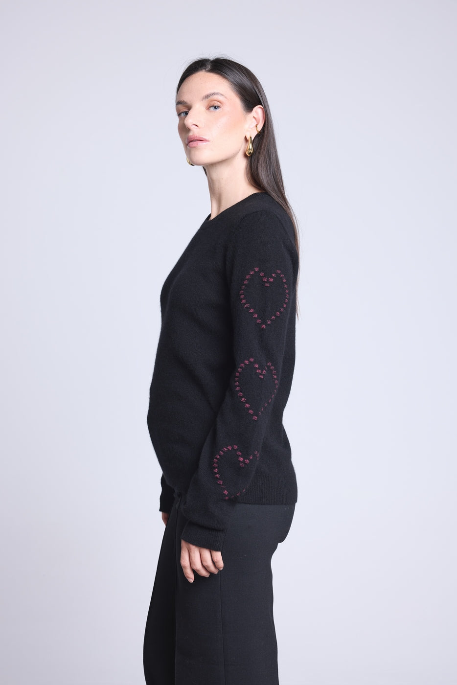 Sweter z Okrągłym Dekoltem w Serduszka Bubbles Kaszmir Bea - Czarny Różowy Lurex - Damski - 100% Kaszmir