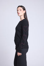 Sweter z Okrągłym Dekoltem w Serduszka Bubbles Kaszmir Bea - Czarny Różowy Lurex - Damski - 100% Kaszmir