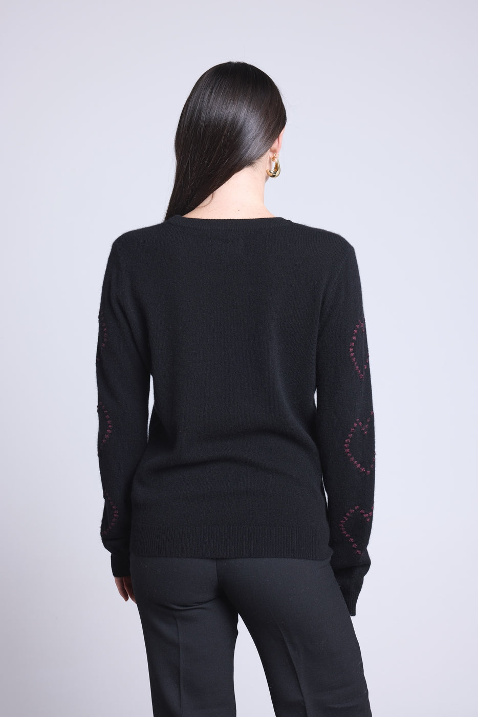 Sweter z Okrągłym Dekoltem w Serduszka Bubbles Kaszmir Bea - Czarny Różowy Lurex - Damski - 100% Kaszmir