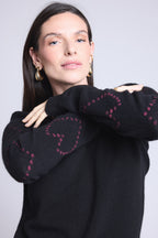 Sweter z Okrągłym Dekoltem w Serduszka Bubbles Kaszmir Bea - Czarny Różowy Lurex - Damski - 100% Kaszmir