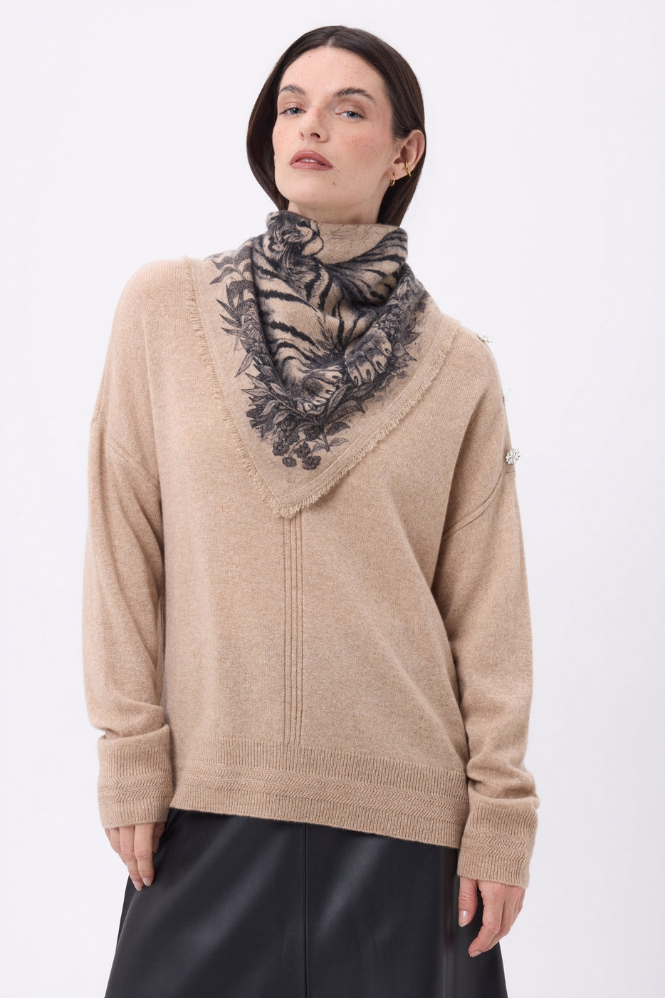 Petit Bandana Bengale - Beige Creme - Femme - 100% Cachemire