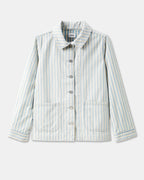 Veste en coton léger à rayures bleues et blanches, coupe droite décontractée avec poches plaquées et boutons métalliques, idéale pour un style casual féminin.