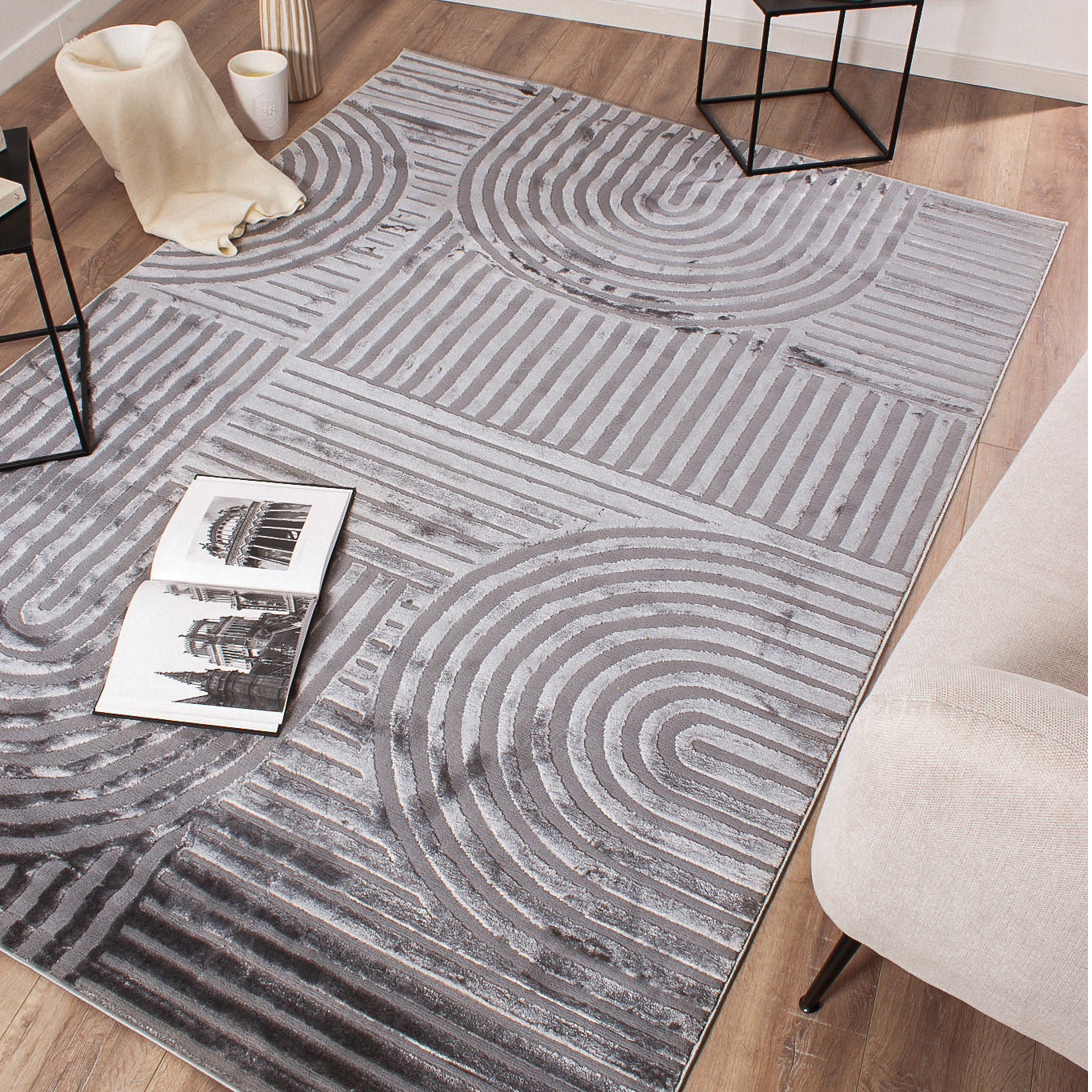 BIANCA - Alfombra de salón gris con estampado de arcos - BIA163GRI BIANCA