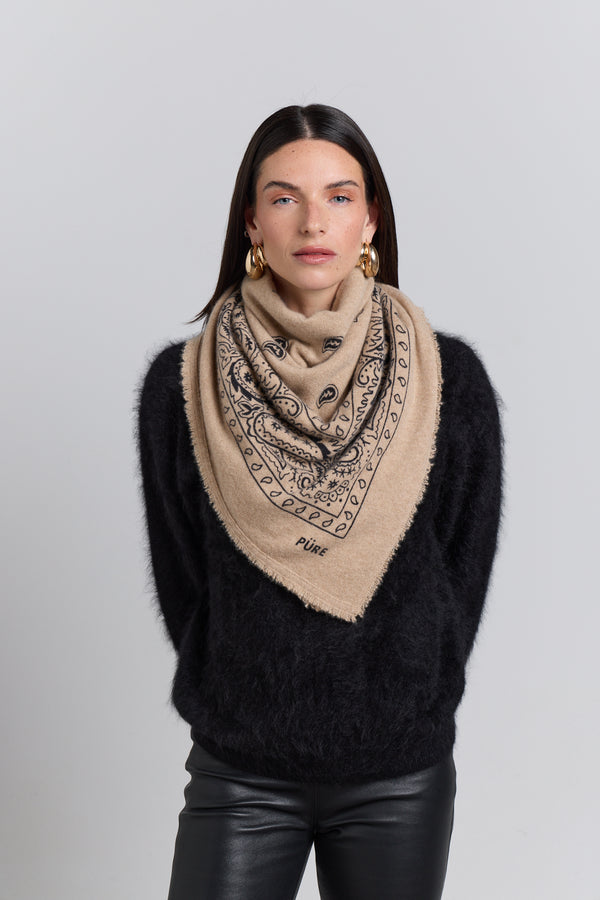 Grande Echarpe Bandana Presley En Cachemire - Ecoland Beige & Noir - Mixte - 100% Cachemire