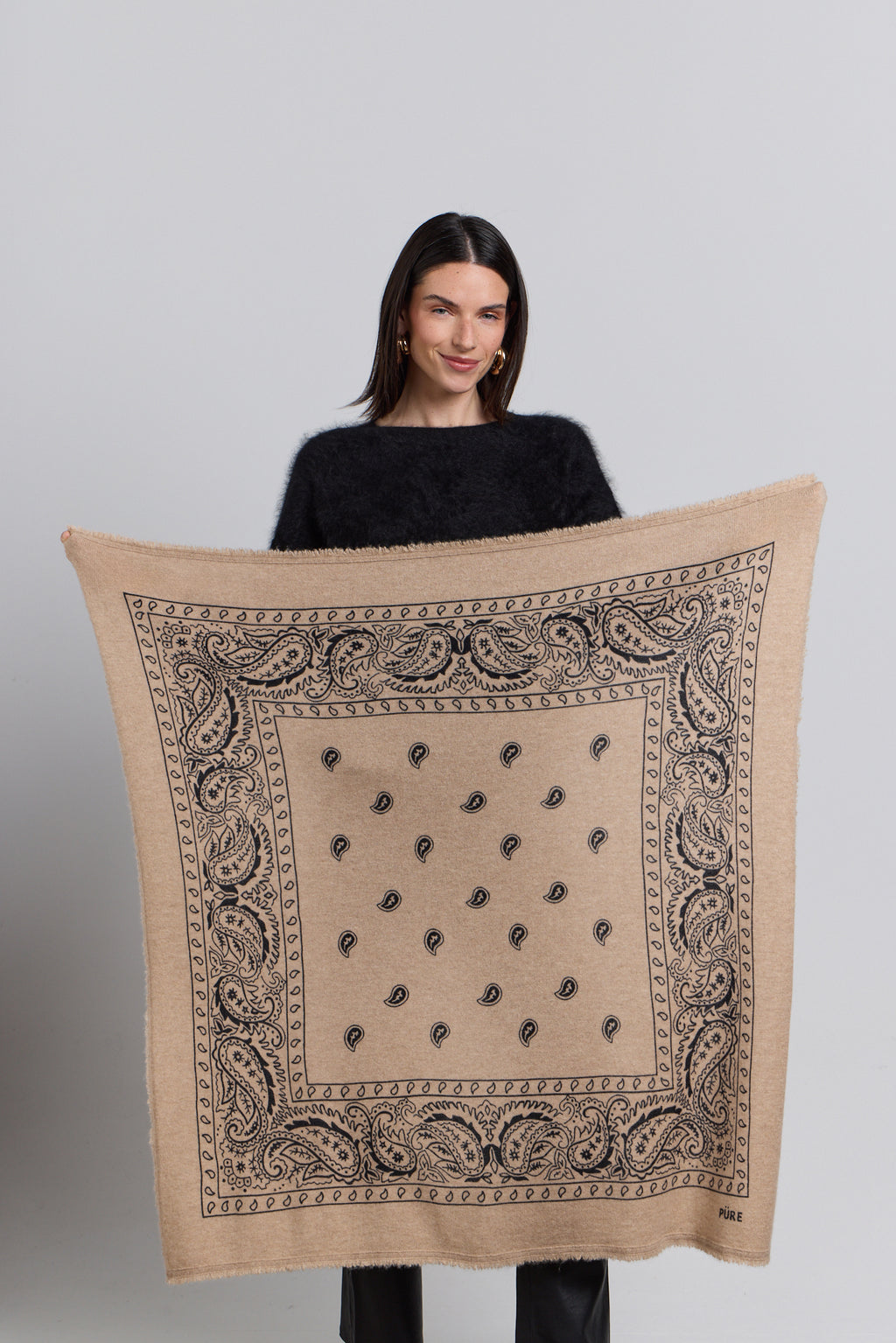 Grande Echarpe Bandana Presley En Cachemire - Ecoland Beige & Noir - Mixte - 100% Cachemire
