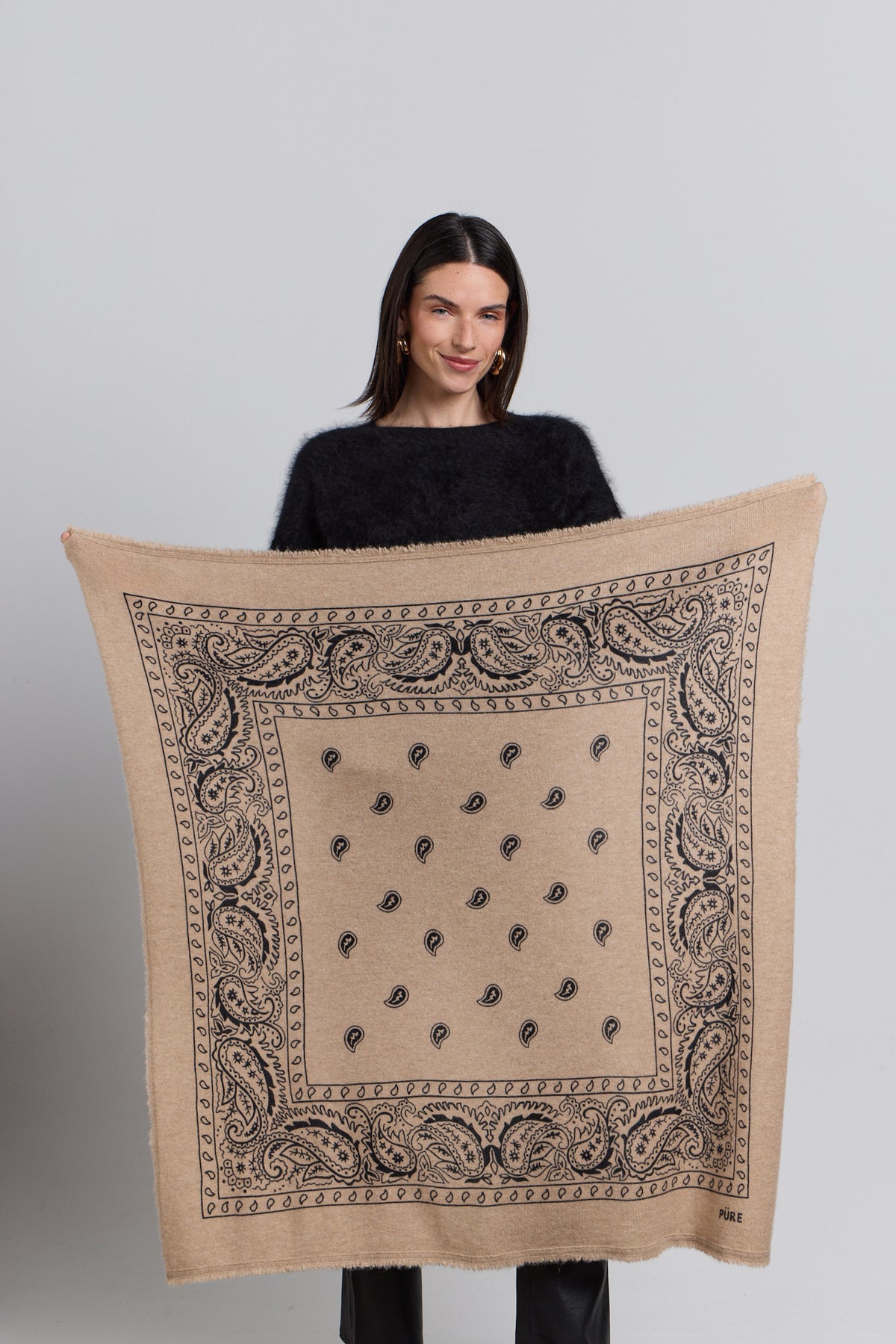 Grande Echarpe Bandana Presley En Cachemire - Ecoland Beige & Noir - Mixte - 100% Cachemire