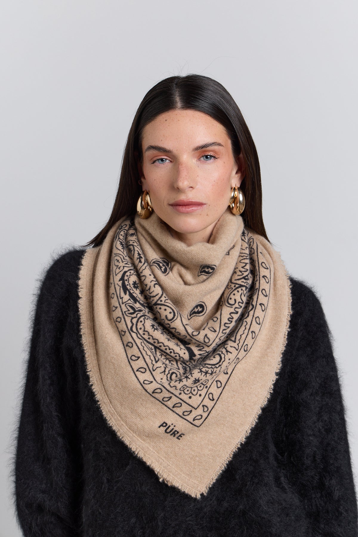 Grande Echarpe Bandana Presley En Cachemire - Ecoland Beige & Noir - Mixte - 100% Cachemire
