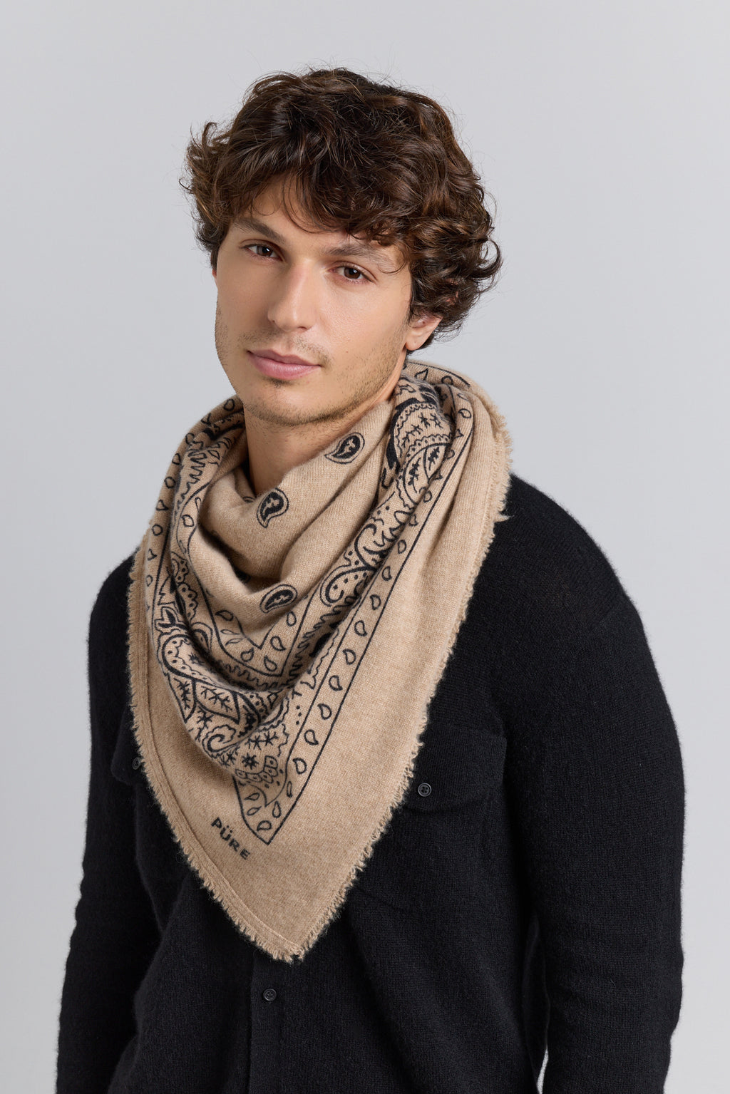 Grande Echarpe Bandana Presley En Cachemire - Ecoland Beige & Noir - Mixte - 100% Cachemire