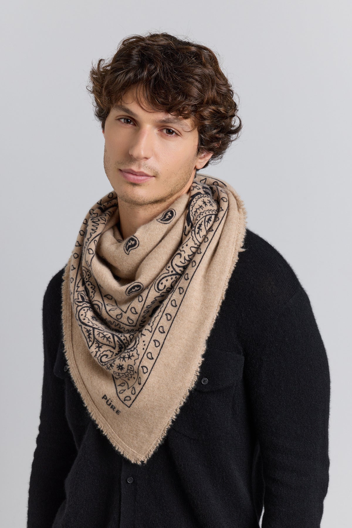 Grande Echarpe Bandana Presley En Cachemire - Ecoland Beige & Noir - Mixte - 100% Cachemire