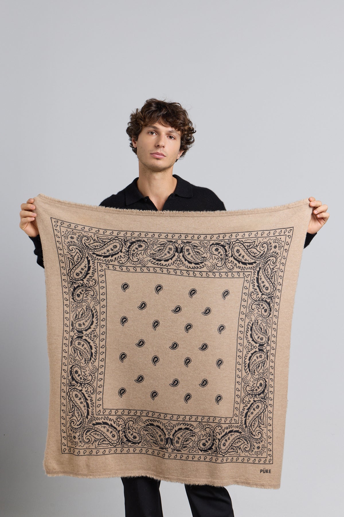 Grande Echarpe Bandana Presley En Cachemire - Ecoland Beige & Noir - Mixte - 100% Cachemire