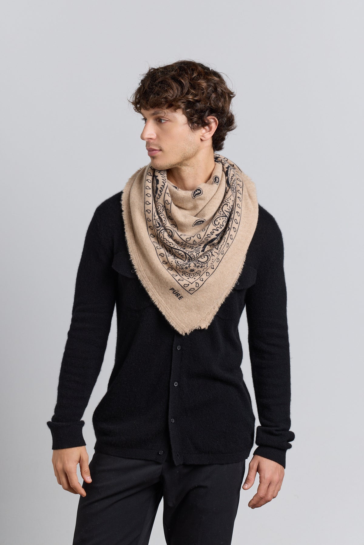 Grande Echarpe Bandana Presley En Cachemire - Ecoland Beige & Noir - Mixte - 100% Cachemire