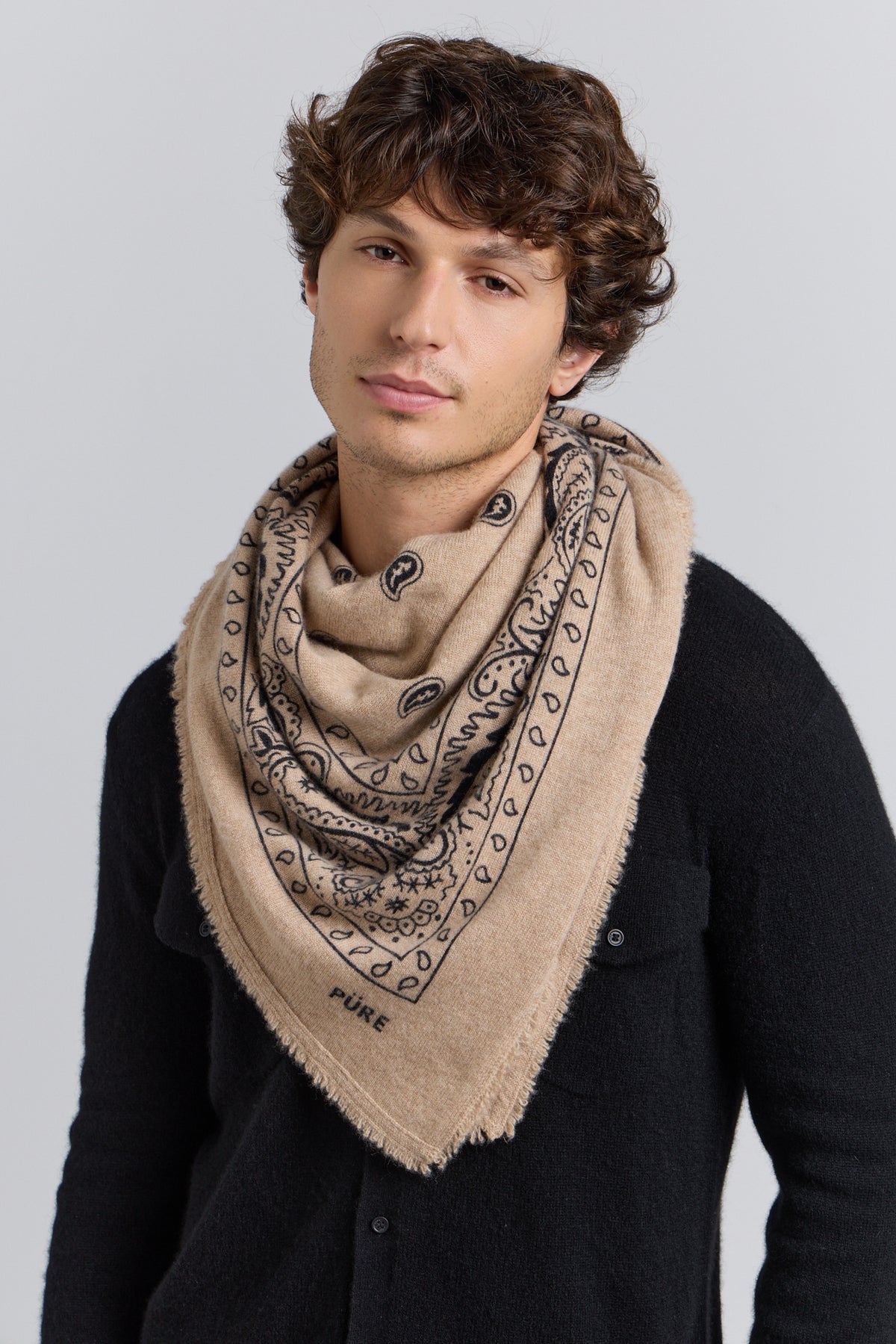 Grande Echarpe Bandana Presley En Cachemire - Ecoland Beige & Noir - Mixte - 100% Cachemire