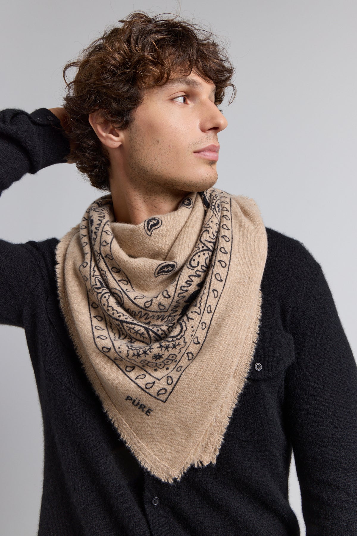 Grande Echarpe Bandana Presley En Cachemire - Ecoland Beige & Noir - Mixte - 100% Cachemire