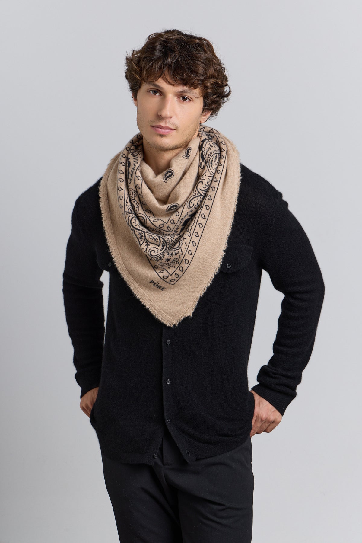 Grande Echarpe Bandana Presley En Cachemire - Ecoland Beige & Noir - Mixte - 100% Cachemire