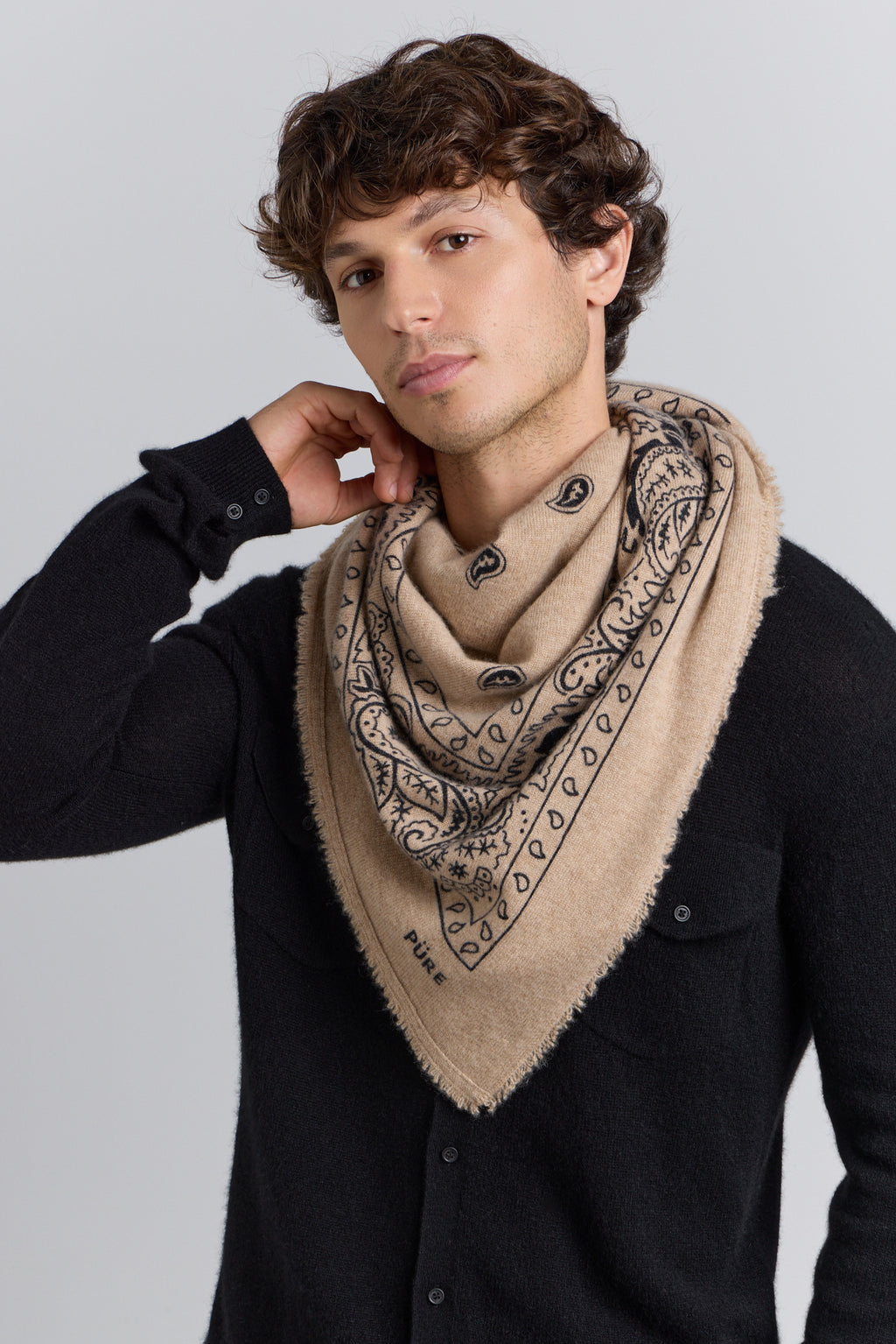 Grande Echarpe Bandana Presley En Cachemire - Ecoland Beige & Noir - Mixte - 100% Cachemire