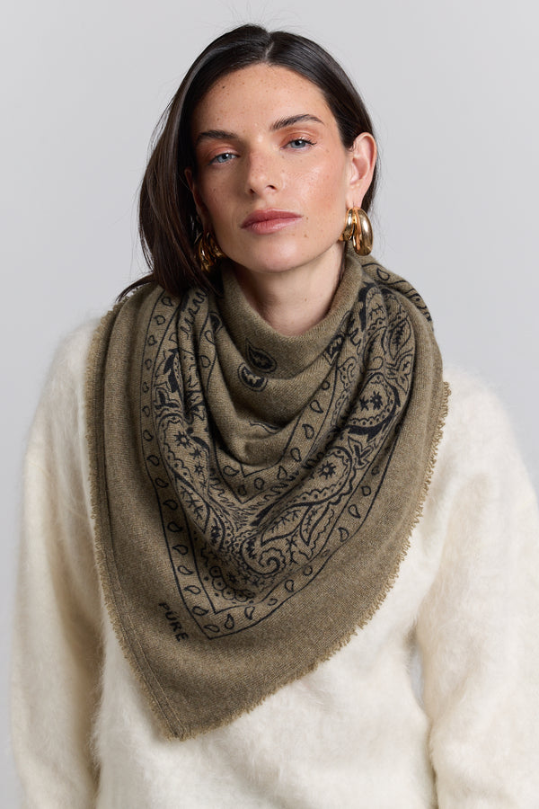 Grande Echarpe Bandana Presley En Cachemire - Vert Khaki & Noir - 100% Cachemire