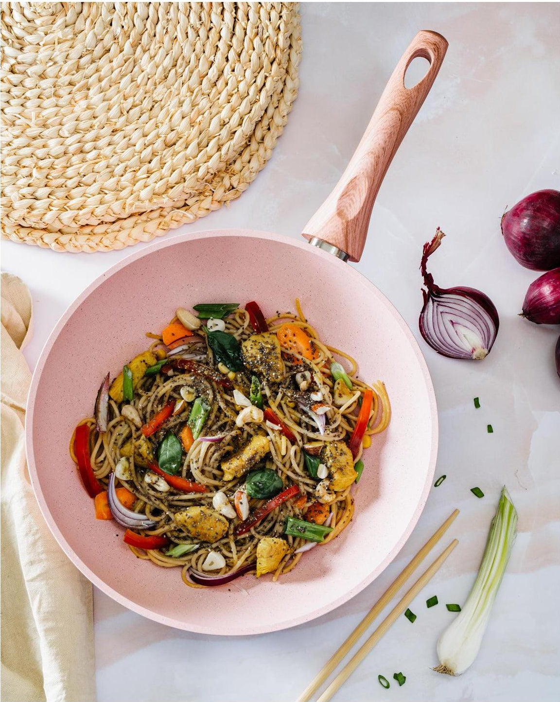 Plato wok/pasta - Stonerose - 28 cm con mango de madera