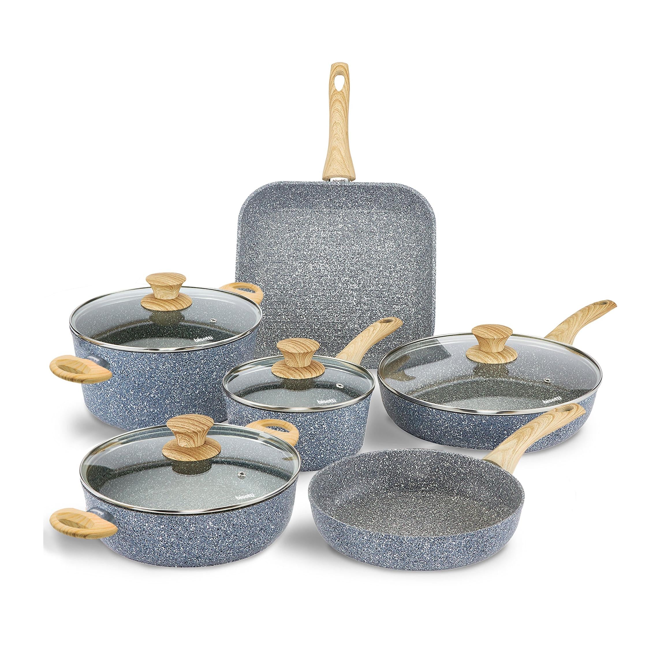 Batería de 10 piezas « Pierre Gourmet » con mango de diseño en madera natural