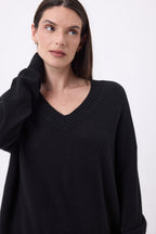 Maglione oversize con scollo a V a coste larghe Blind - Nero - Donna - 100% Cashmere